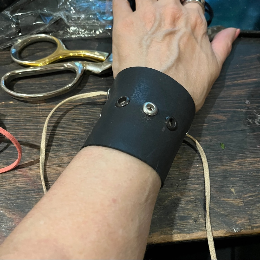 Recycled handcrafted Black and Tan Leather Wrap Bracelet